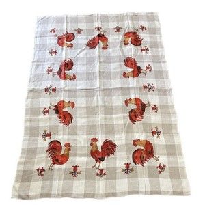 Country Rooster Tablecloth RECTANGLE 74x53 Taupe Buffalo Check Linen Blend Fall